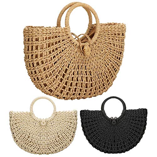 Straw Bag for Women Large Woven Bag Round Handle Ring Tote Retro Purse Hobo Summer Beach Bag (Khaki)