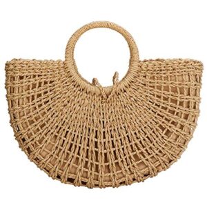 Straw Bag for Women Large Woven Bag Round Handle Ring Tote Retro Purse Hobo Summer Beach Bag (Khaki)