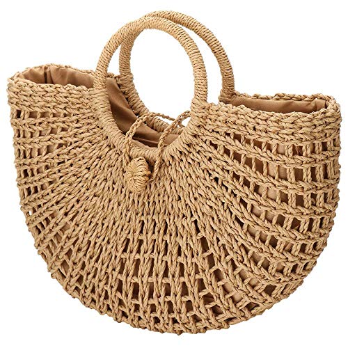 Straw Bag for Women Large Woven Bag Round Handle Ring Tote Retro Purse Hobo Summer Beach Bag (Khaki)