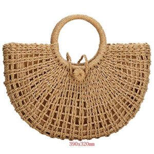 Straw Bag for Women Large Woven Bag Round Handle Ring Tote Retro Purse Hobo Summer Beach Bag (Khaki)