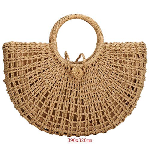 Straw Bag for Women Large Woven Bag Round Handle Ring Tote Retro Purse Hobo Summer Beach Bag (Khaki)