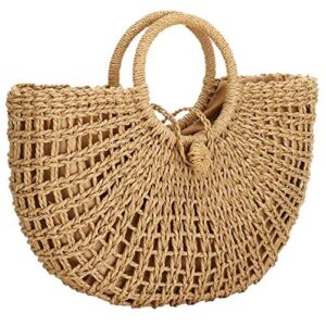 Straw Bag for Women Large Woven Bag Round Handle Ring Tote Retro Purse Hobo Summer Beach Bag (Khaki)