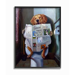 stupell industries dog reading the newspaper on toilet funny painting black framed wall art, 11 x 14, multicolor