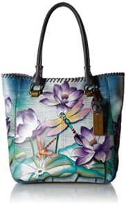 anuschka women’s leather large tote-hand painted exterior, tranquil pond,one size