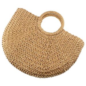 hand-woven straw large hobo bag for women round handle ring toto retro summer beach straw bag (brown)