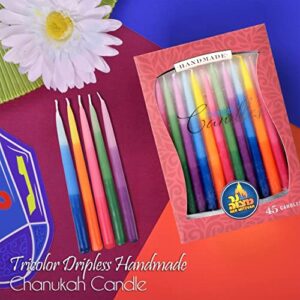 Dripless Chanukah Candles Standard Size - Tri Colored Hanukkah Candles Fits Most Menorahs - Premium Quality Wax - 45 Count for All 8 Nights of Hanukkah - by Ner Mitzvah