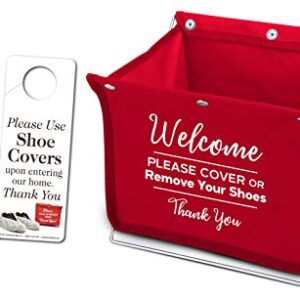 Foldable Shoe Cover Holder (Red) with Bonus Please Use Shoe Covers, Double Sided, Door Hanger