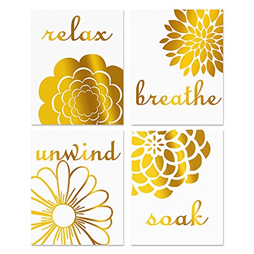 LHIUEM Gold and White Bathroom Pictures Wall Art Decor,Abstract Flowers Gold Foil Print,Set of 4 Soak Relax Unwind Quote and Saying Yellow Art Print for Bathroom Toilet Decor (8 X 10, UNframed)