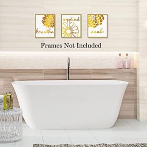 LHIUEM Gold and White Bathroom Pictures Wall Art Decor,Abstract Flowers Gold Foil Print,Set of 4 Soak Relax Unwind Quote and Saying Yellow Art Print for Bathroom Toilet Decor (8 X 10, UNframed)