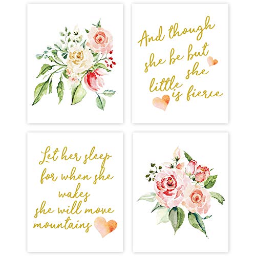 LHIUEM Inspirational Quote Typography Watercolor Floral Flower Wall Decor,Motivational Saying Cardstock Art Print For Kids Room Baby Girls Nursery Wall Art Decor (set of 4, 8’’ x 10’’ ,Unframed)