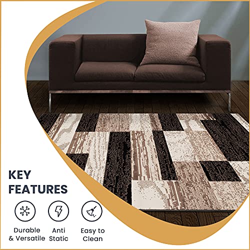 SUPERIOR Indoor Small Area Rug with Jute Backing for Kitchen, Bedroom, Dorm, Living Room, Hallway, Entryway, Perfect for Hardwood Floors - Rockwood Modern Geometric Design, 3' X 5', Chocolate