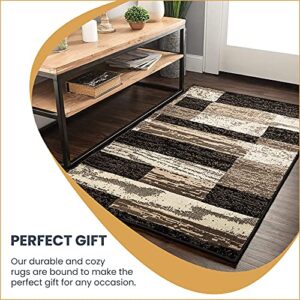 SUPERIOR Indoor Small Area Rug with Jute Backing for Kitchen, Bedroom, Dorm, Living Room, Hallway, Entryway, Perfect for Hardwood Floors - Rockwood Modern Geometric Design, 3' X 5', Chocolate