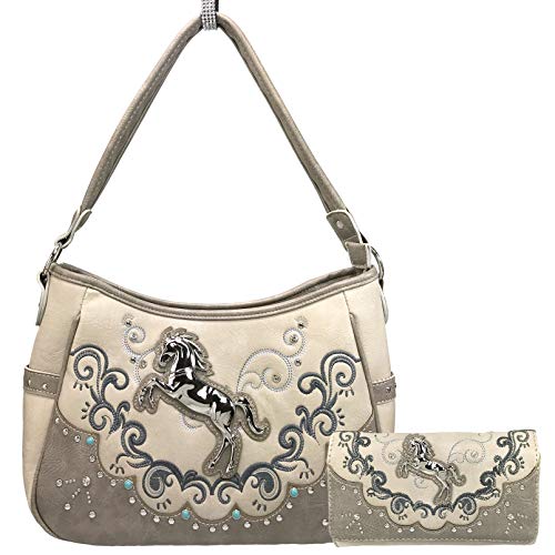 Zelris Western Mustang Horse Turquoise Embroidery Conceal Carry Women Hobo Purse (Beige)