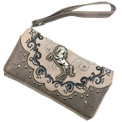 Zelris Western Mustang Horse Turquoise Embroidery Conceal Carry Women Hobo Purse (Beige)