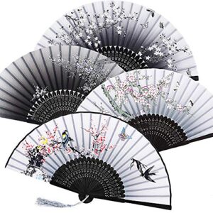 zonon handheld floral folding fans hand held fans silk bamboo fans with tassel women’s hollowed bamboo hand holding fans for women and men (2 gray, 2 black)