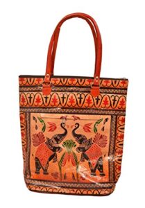 zint 100% genuine leather women’s batik indian shantiniketan ethnic tote bag twin royal elephant design