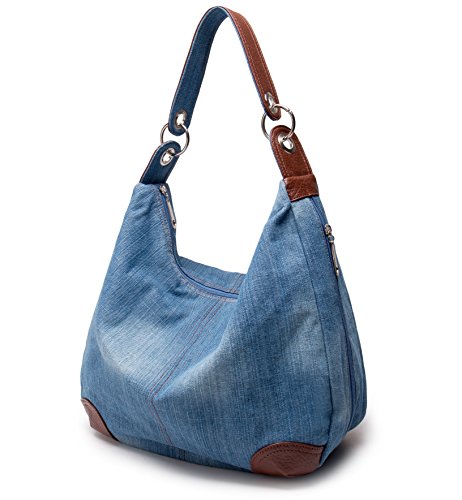 Dreams Mall(TM Women's Handbag Denim Purse Hobo Tote Top Handle Jean Shoulder Crossbody Bags,Light Blue