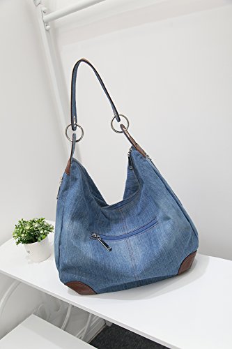 Dreams Mall(TM Women's Handbag Denim Purse Hobo Tote Top Handle Jean Shoulder Crossbody Bags,Light Blue