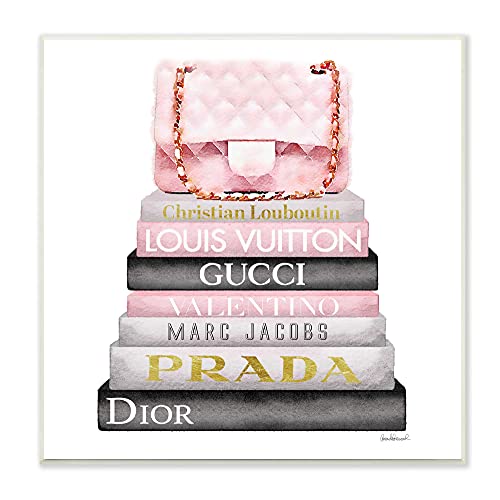 The Stupell Home Decor Collection Watercolor High Fashion Bookstack Padded Pink Bag Wall Plaque Art, 12 x 12, Pink, for Bedroom