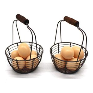 cvhomedeco. metal wire mini egg baskets rust gathering baskets with wooden handle country vintage style storage baskets. set of 2