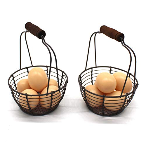 CVHOMEDECO. Metal Wire Mini Egg Baskets Rust Gathering Baskets with Wooden Handle Country Vintage Style Storage Baskets. Set of 2