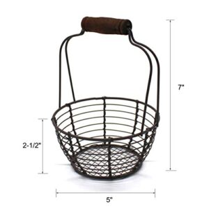 CVHOMEDECO. Metal Wire Mini Egg Baskets Rust Gathering Baskets with Wooden Handle Country Vintage Style Storage Baskets. Set of 2