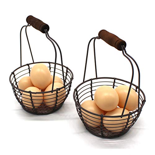 CVHOMEDECO. Metal Wire Mini Egg Baskets Rust Gathering Baskets with Wooden Handle Country Vintage Style Storage Baskets. Set of 2