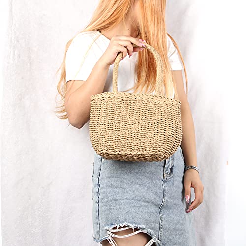 Straw Bags for Women, Hand-woven Straw Small Hobo Bag Round Handle Ring Tote Retro Summer Beach Rattan bag (Brown)