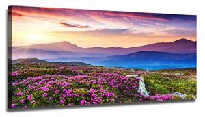 ardemy purple mountain canvas wall art landscape picture prints modern painting, wildflowers scenery artwork ready to hang for living room bedroom bathroom home office decor, one panel framed 40″x20″