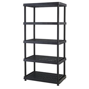 keter resin 5-tier freestanding multipurpose shelf display rack for basement, kitchen, and garage storage shelving and organization, 24″, black