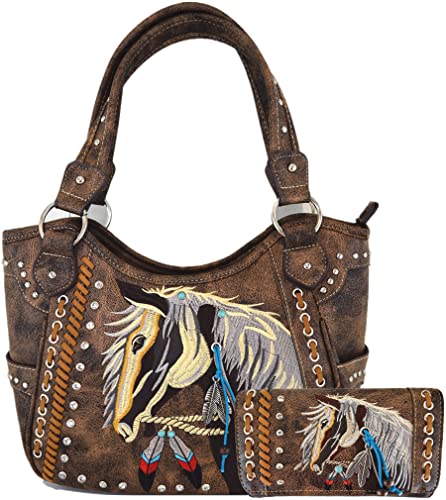 Tooled Leather Laser Cut Western Style Horse Cowgirl Purse Country Totes Women Handbag Everyday Shoulder Bags Wallet Set (#2 Brown Set)