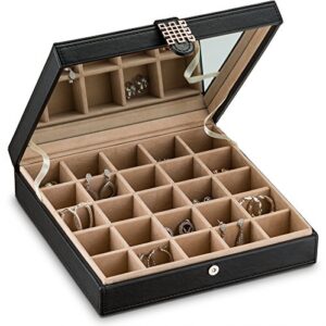 glenor co earring organizer – classic 25 section jewelry box/case/holder for earrings, rings, necklaces, jewelry, cufflinks or collections. 25 small compartments with elegant large mirror – black
