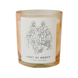 blessed is she, light of mercy candle, lavender and cedarwood essential oils, candle in glass, 74 – 80 hours long burning candle