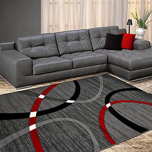 Allstar 5x7 Modern Accent Rug in Grey with Red Abstract Overlapping Curve Design (5' 2" x 7' 0")