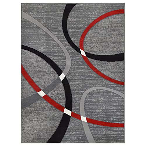 Allstar 5x7 Modern Accent Rug in Grey with Red Abstract Overlapping Curve Design (5' 2" x 7' 0")