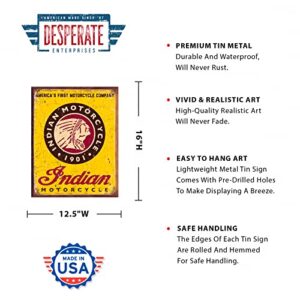 Desperate Enterprises Indian Motorcycle Since 1901 Tin Sign - Nostalgic Vintage Metal Wall Décor - Made in USA