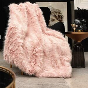 Pink Faux Fur Throw Blanket, Luxury Modern Blush Home Throw Blanket, Super Warm, Fuzzy, Elegant, Fluffy Thick Heavy Decoration Blanket Scarf for Sofa, Couch and Bed, 60''x 80''