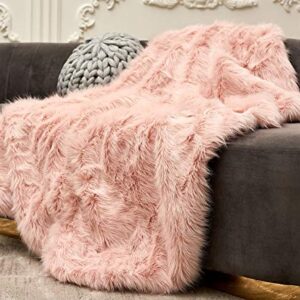 Pink Faux Fur Throw Blanket, Luxury Modern Blush Home Throw Blanket, Super Warm, Fuzzy, Elegant, Fluffy Thick Heavy Decoration Blanket Scarf for Sofa, Couch and Bed, 60''x 80''