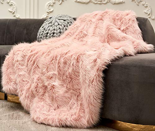 Pink Faux Fur Throw Blanket, Luxury Modern Blush Home Throw Blanket, Super Warm, Fuzzy, Elegant, Fluffy Thick Heavy Decoration Blanket Scarf for Sofa, Couch and Bed, 60''x 80''