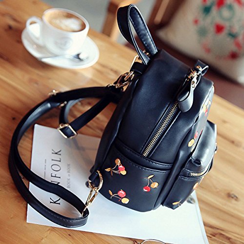 Monique Girls Women Mini Cherry Print Backpack Small Casual Daypack Convertible Shoulder Bag Cross-body Bag Handbag Black