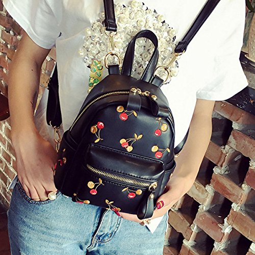 Monique Girls Women Mini Cherry Print Backpack Small Casual Daypack Convertible Shoulder Bag Cross-body Bag Handbag Black
