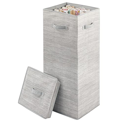 mDesign Tall Gift-Wrapping Paper Storage Box with Handles, Holder for Christmas and Holiday Organizer Container - Removable Lid for Rolls of Wrap, Inside Closet Storage Totes, Stripe, Taupe/Tan