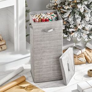 mDesign Tall Gift-Wrapping Paper Storage Box with Handles, Holder for Christmas and Holiday Organizer Container - Removable Lid for Rolls of Wrap, Inside Closet Storage Totes, Stripe, Taupe/Tan