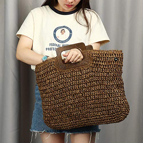 Large Handwoven Straw Bag Travel Shopping Handbag Woven Straw Beach Bag for Women Girls (Brown)