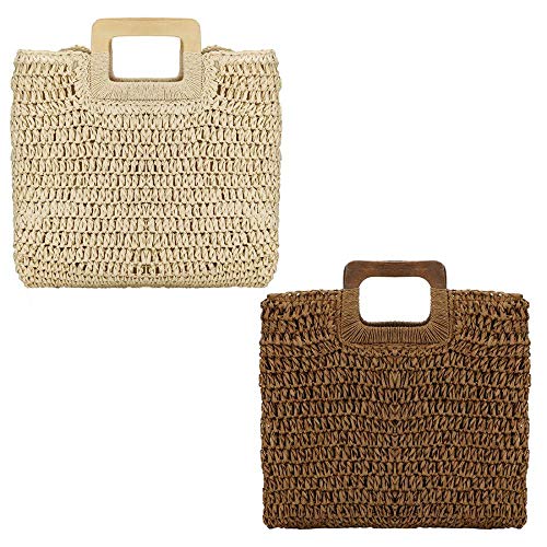 Large Handwoven Straw Bag Travel Shopping Handbag Woven Straw Beach Bag for Women Girls (Brown)