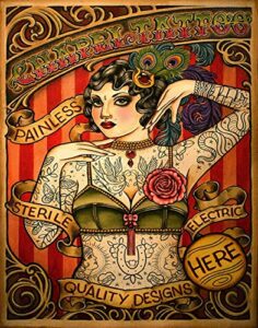 red horse designs chapel tattoo shop advertisement, full-color unframed poster, vintage tattoo lady