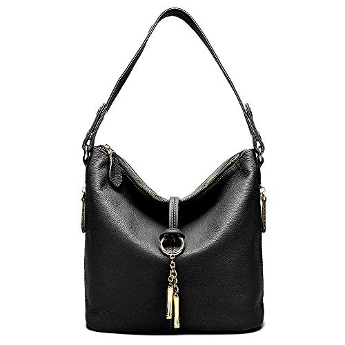 Fashion Designer Women Shoulder Bag Metal Tassel Real Leather Tote Handbag Ladies Crossbody (Black)