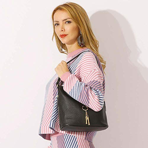 Fashion Designer Women Shoulder Bag Metal Tassel Real Leather Tote Handbag Ladies Crossbody (Black)