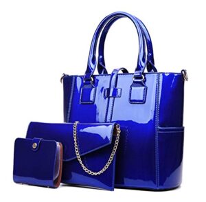 yan show women’s new zipper bag 3pcs handbags patent leather fashion shoulder bag large capacity handbag, blue