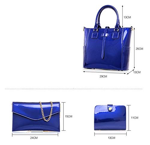 Yan Show Women's New Zipper Bag 3PCS Handbags Patent Leather Fashion Shoulder Bag Large Capacity Handbag, Blue